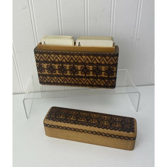 Vintage Polish Pyrography Carved Wooden Playing Card Box With 2 Decks Of Cards - Picture 3 of 7